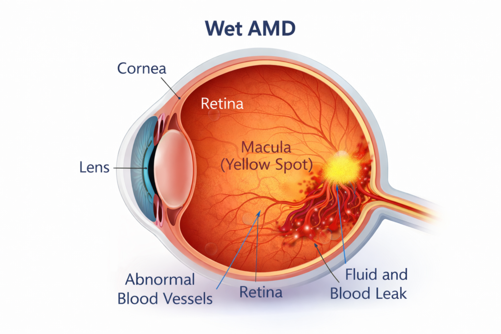 wet AMD diagram showing abnormal blood vessels and fluid leakage under the retina